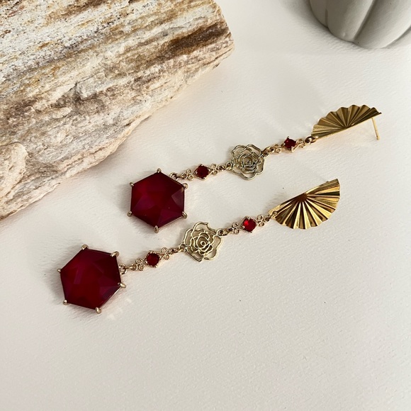 Elegant Art Deco-Inspired  Dangle Statement Earrings- Red & Roses Drop Earrings - Picture 10 of 14